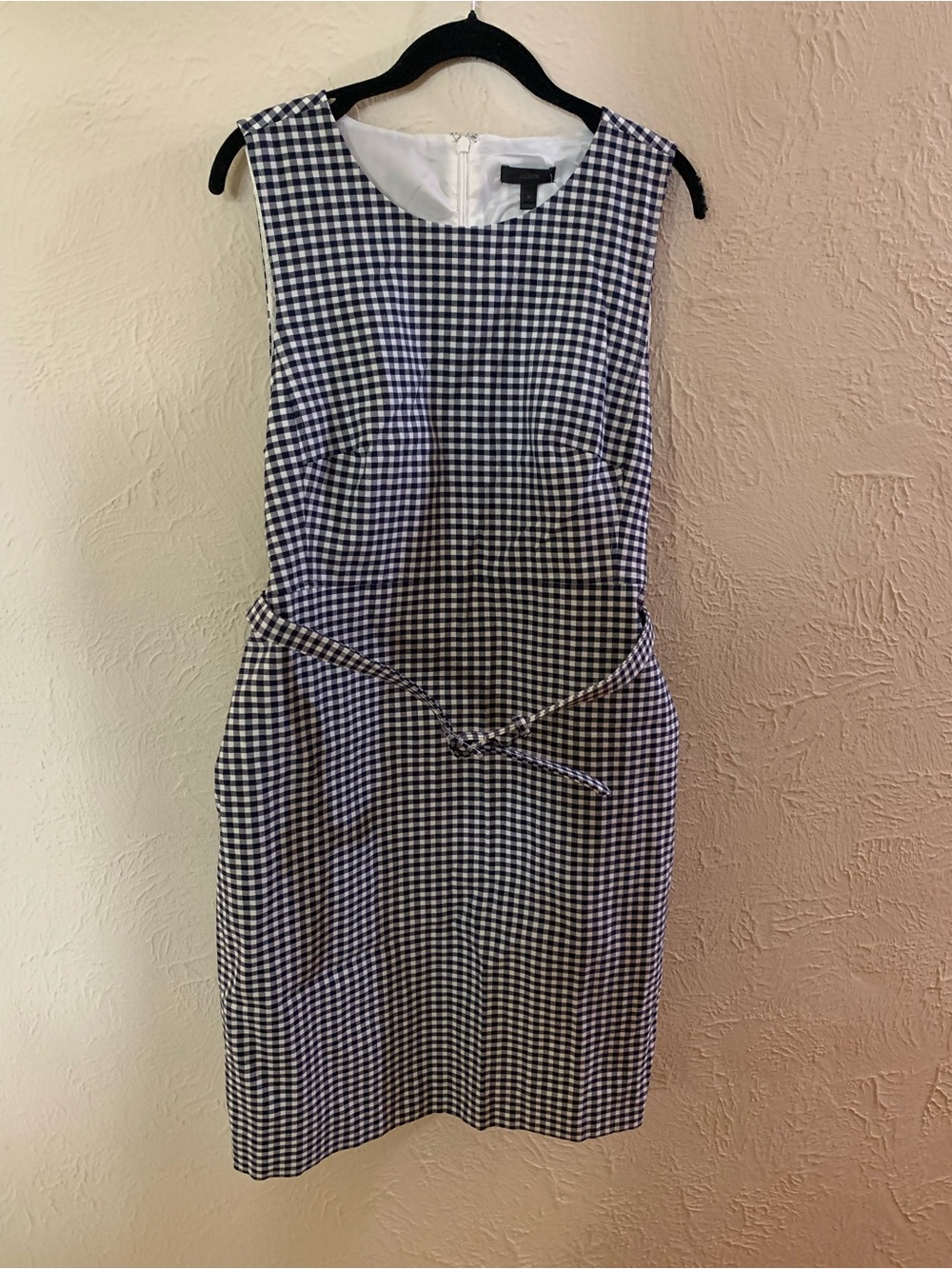 J. Crew Navy and White Gingham Sheath Dress with Waist Tie